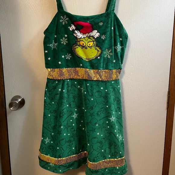 Dr Suess Grinch Green Gold Sequin Velour Sleeveless Christmas Holiday Dress - Picture 1 of 5
